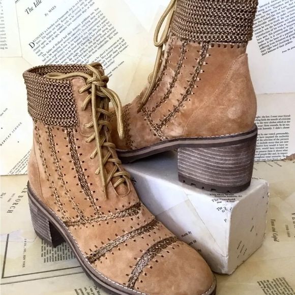 Anthropologie Silent D Bestie Bootie Honey Macramé Trim Lace Up Tan - Picture 2 of 12